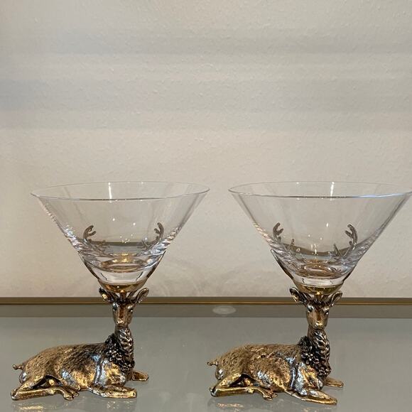 Gold Stag Reindeer Martini Glasses 7.5oz Set of 2 Christmas Holiday Barware New - Picture 9 of 15